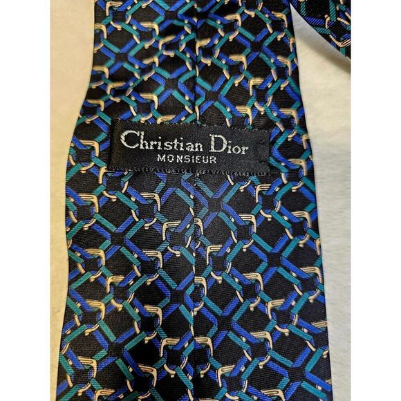 Christian Dior All Silk Blue Black Yellow Geometric Tie. Monsieur. Designer. Lux
